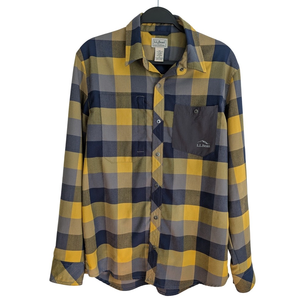 LL Bean Performance Flannel Shirt Men's M Yellow Blue Gray Plaid Snaps Gorpcore